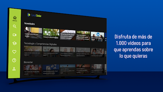 Canal Sénior en televisión: pantalla de inicio con las categorías Novedades, Tecnología y Bienestar